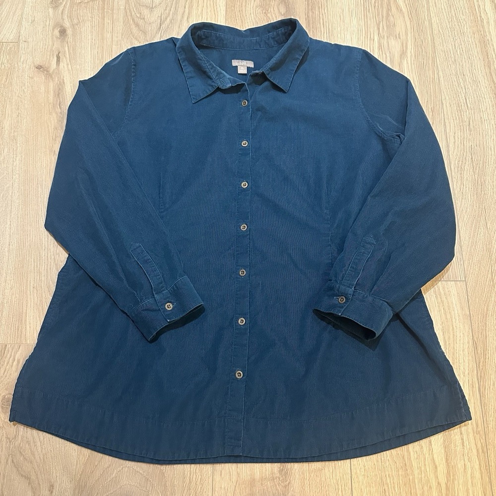 J. Jill  100% Cotton Blue Corduroy Button-Up Shirt Xl Petite Relaxed Fit Tunic‎